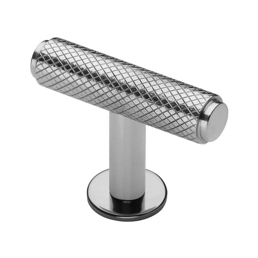 Knurled T-Bar Cabinet Knob in Polished Chrome on a Rose - C4416-PC 