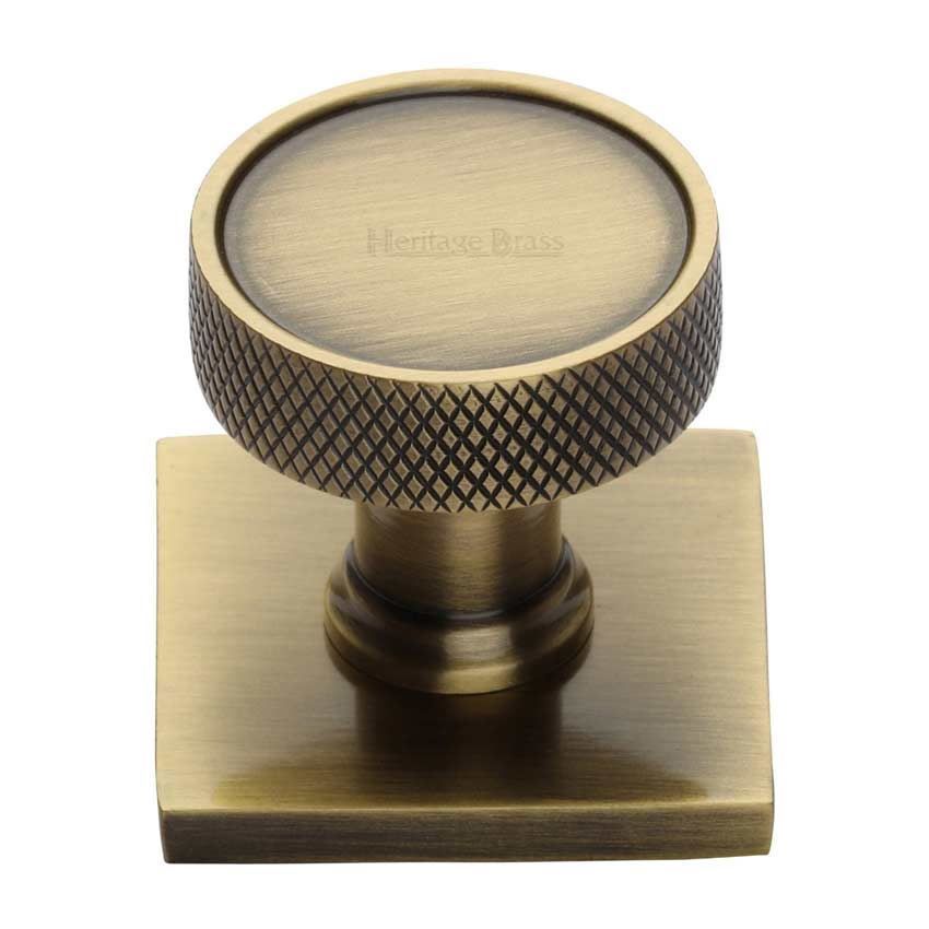 Florence Knurled Design Cabinet Knob on a Backplate in Antique Brass Finish - SQ4648-AT