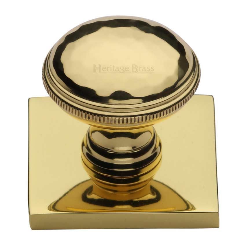 Hand Beaten Design Cabinet Knob on a Backplate in Polished Brass - SQ4545-PB
