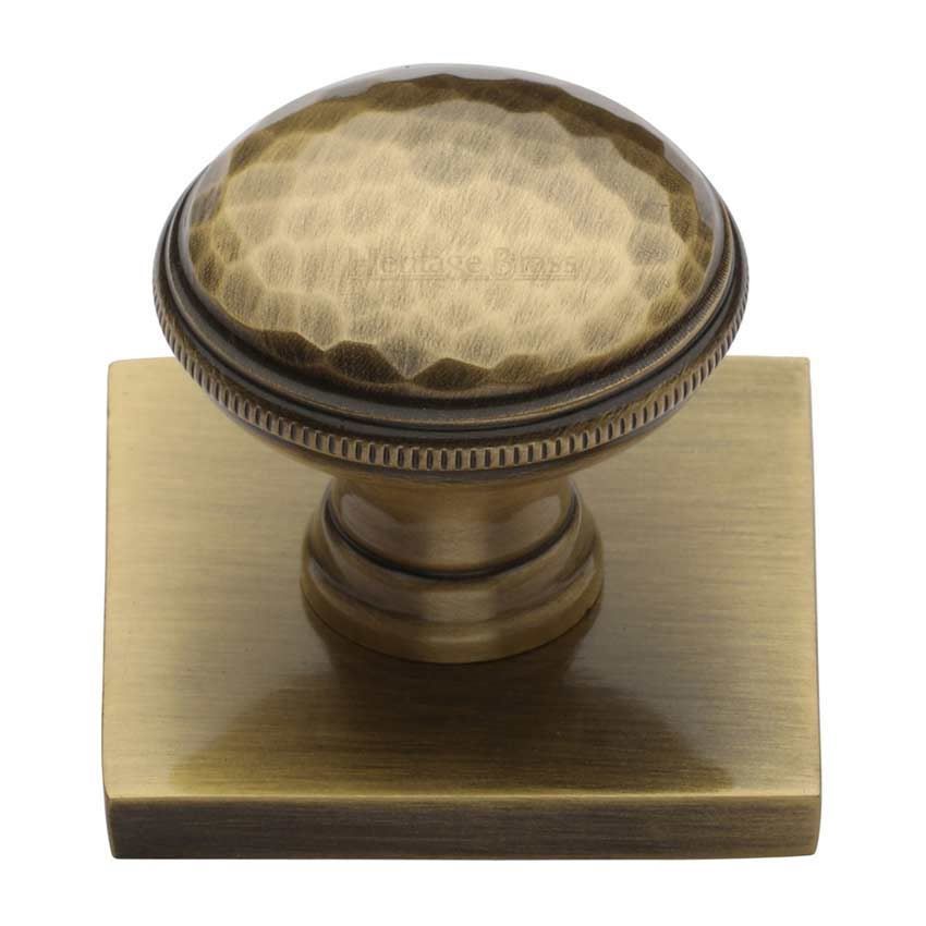 Hand Beaten Design Cabinet Knob on a Backplate in Antique Brass - SQ4545-AT