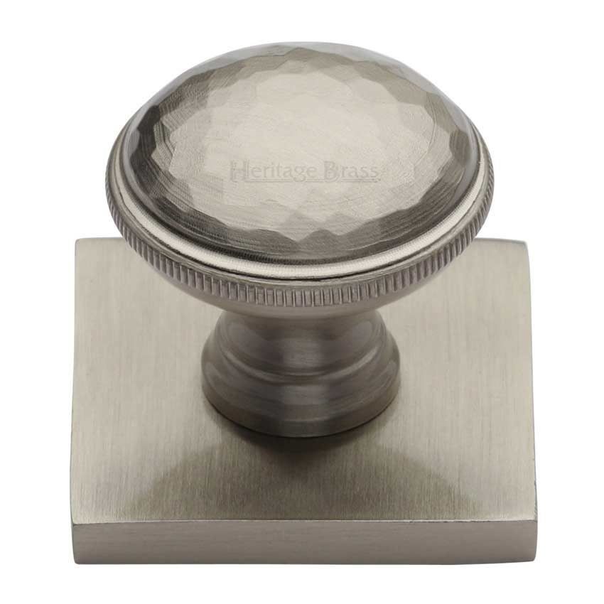 Hand Beaten Design Cabinet Knob on a Backplate in Satin Nickel - SQ4545-SN