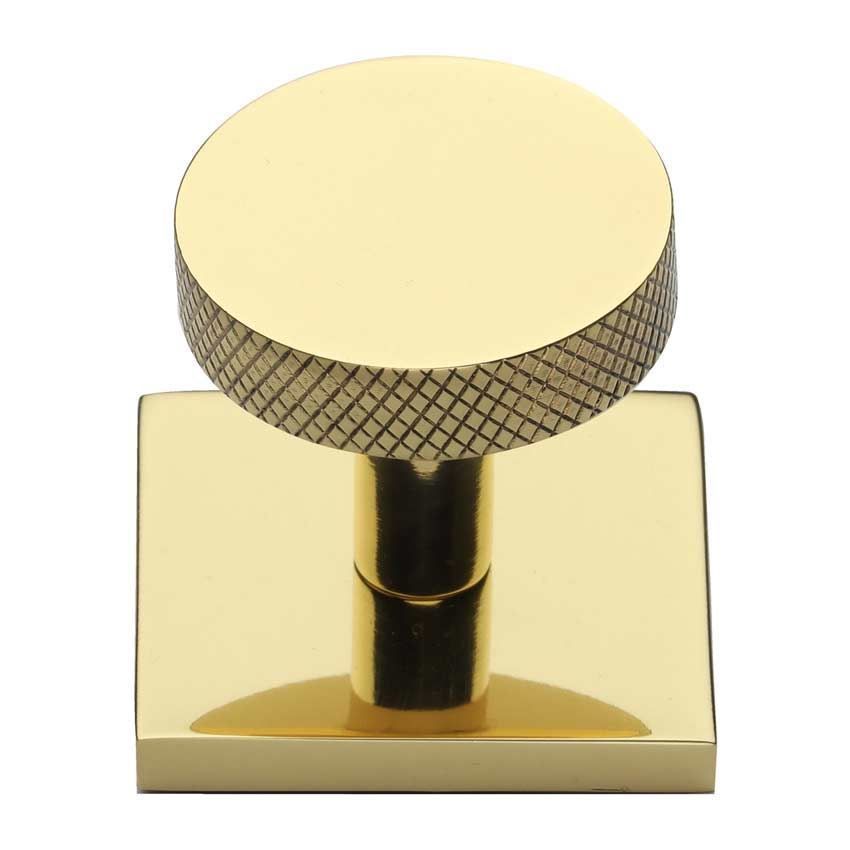 Disc Knurled Design Cabinet Knob on a Square Backplate in Polished Brass - SQ3884-PB