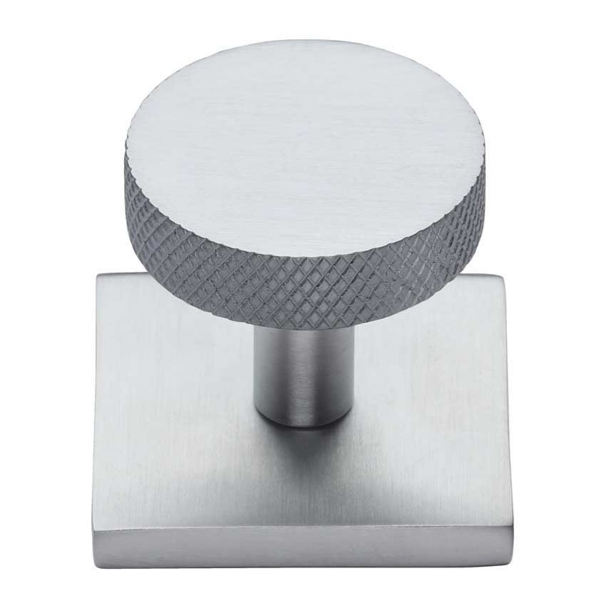 Disc Knurled Design Cabinet Knob on a Square Backplate in Satin Chrome - SQ3884-SC