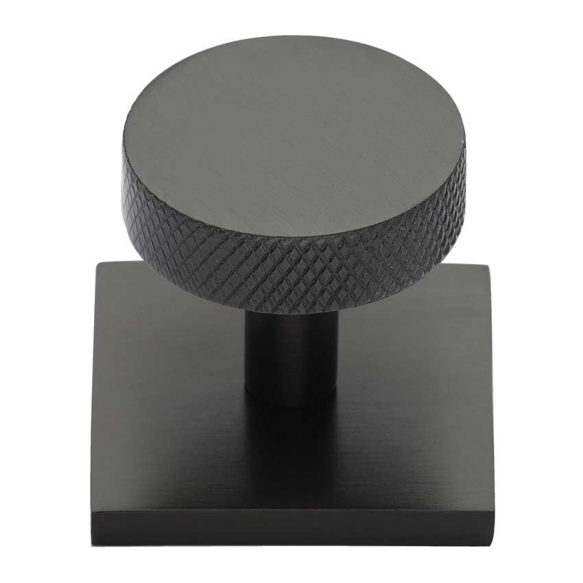 Disc Knurled Design Cabinet Knob on a Square Backplate in Matt Bronze - SQ3884-MB