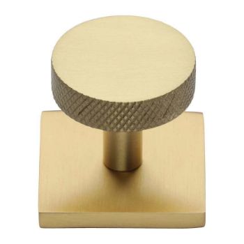 Disc Knurled Design Cabinet Knob on a Square Backplate in Satin Brass - SQ3884-SB Disc Knurled Design Cabinet Knob on a Square Backplate in Satin Brass - SQ3884-SB