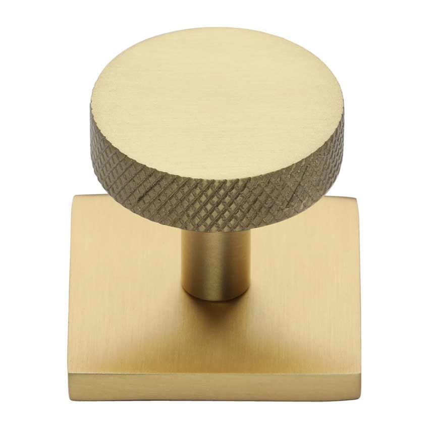 Disc Knurled Design Cabinet Knob on a Square Backplate in Satin Brass - SQ3884-SB