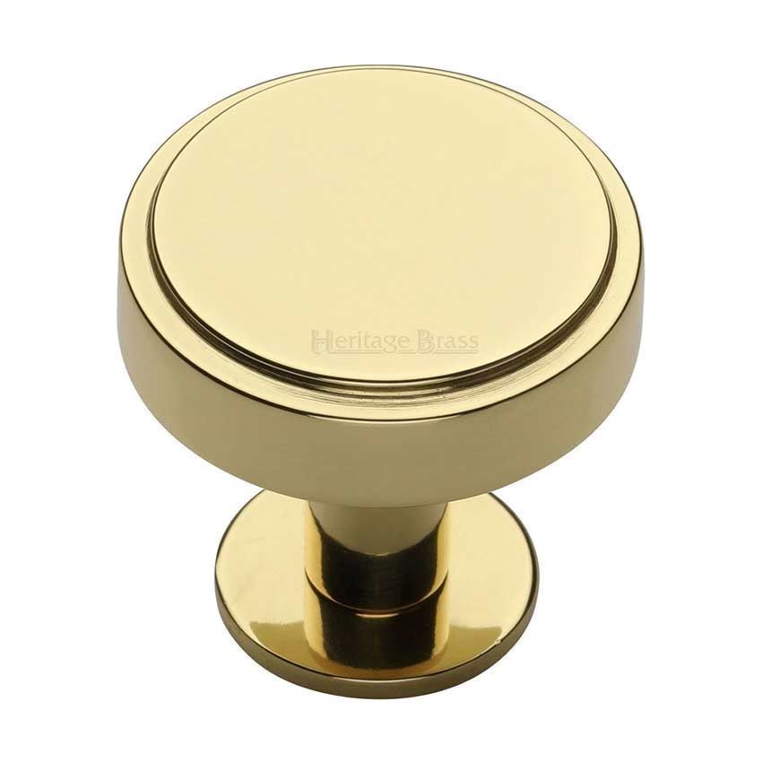 Stepped Disc Cabinet Knob on a Rose in Polished Brass - C3954-PB 