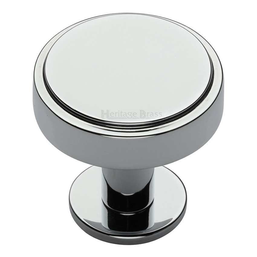 Stepped Disc Cabinet Knob on a Rose in Polished Chrome - C3954-PC 