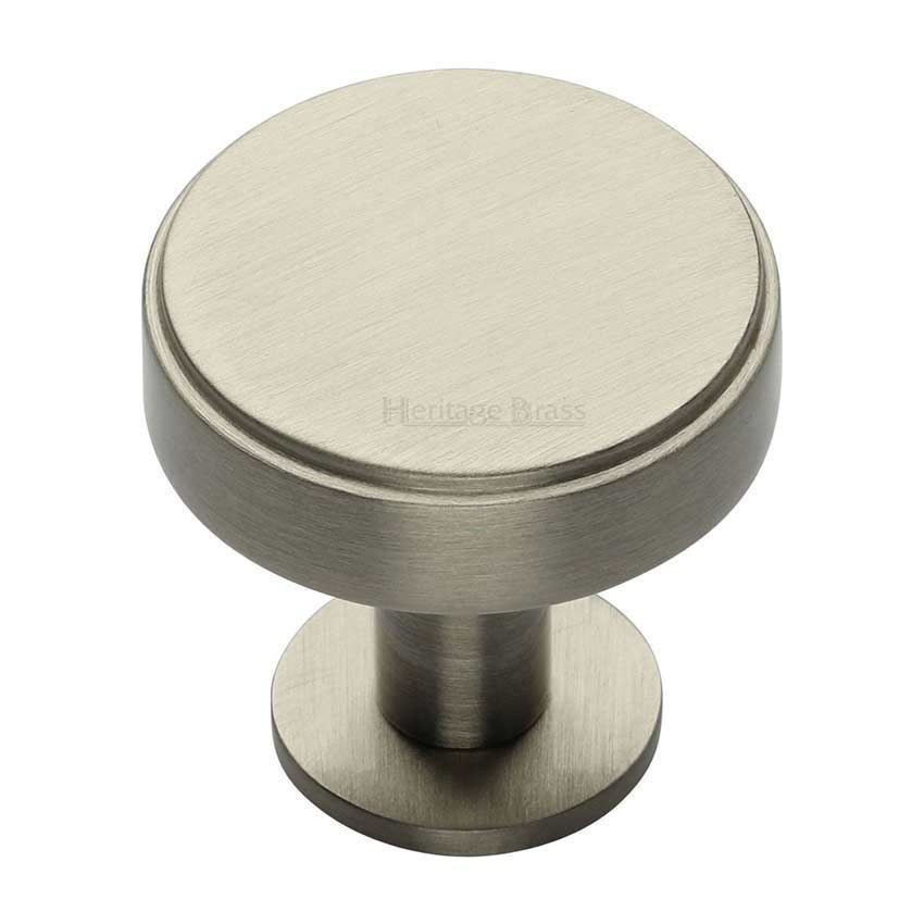 Stepped Disc Cabinet Knob on a Rose in Satin Nickel - C3954-SN