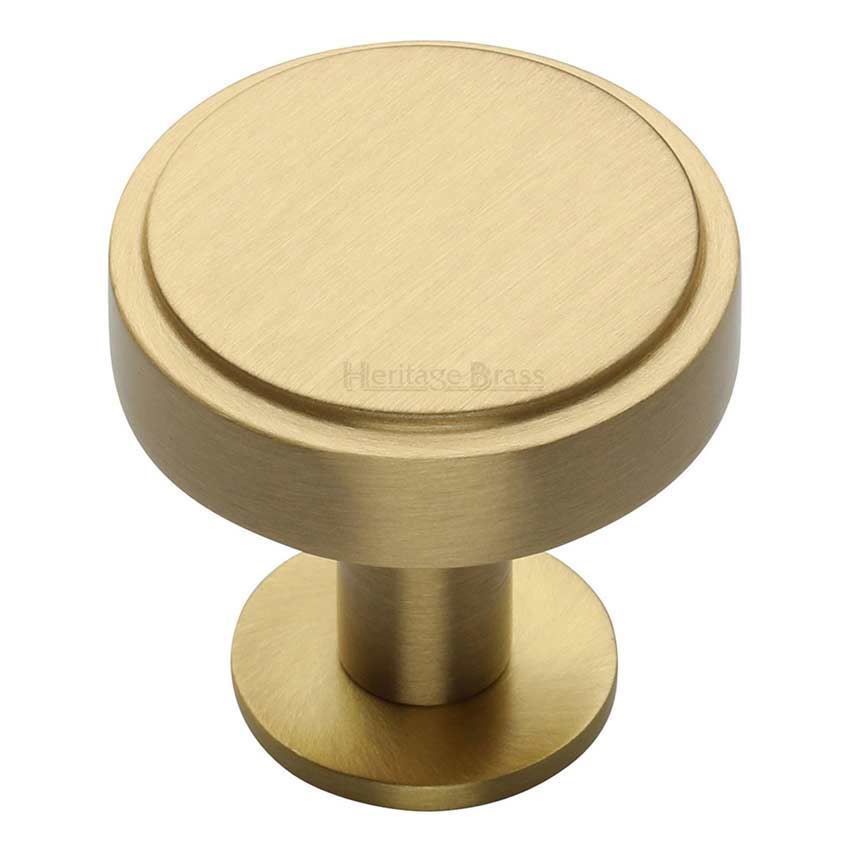 Stepped Disc Cabinet Knob on a Rose in Satin Brass - C3954-SB 