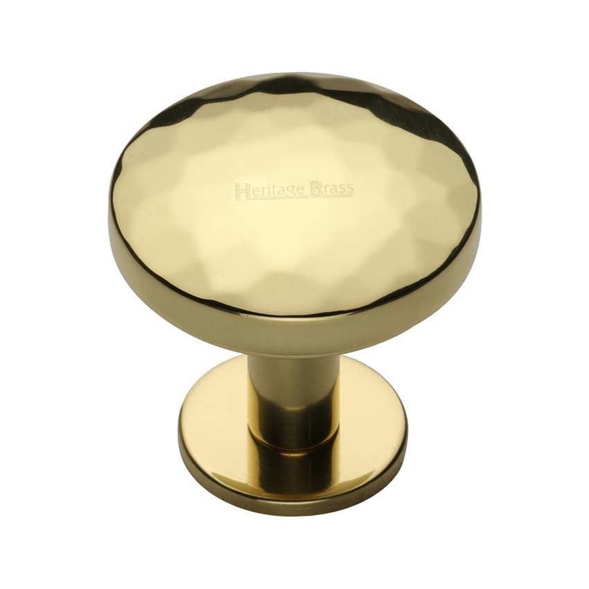 Hammered Cabinet Knob in Polished Brass Finish on a Rose - C3876-PB 