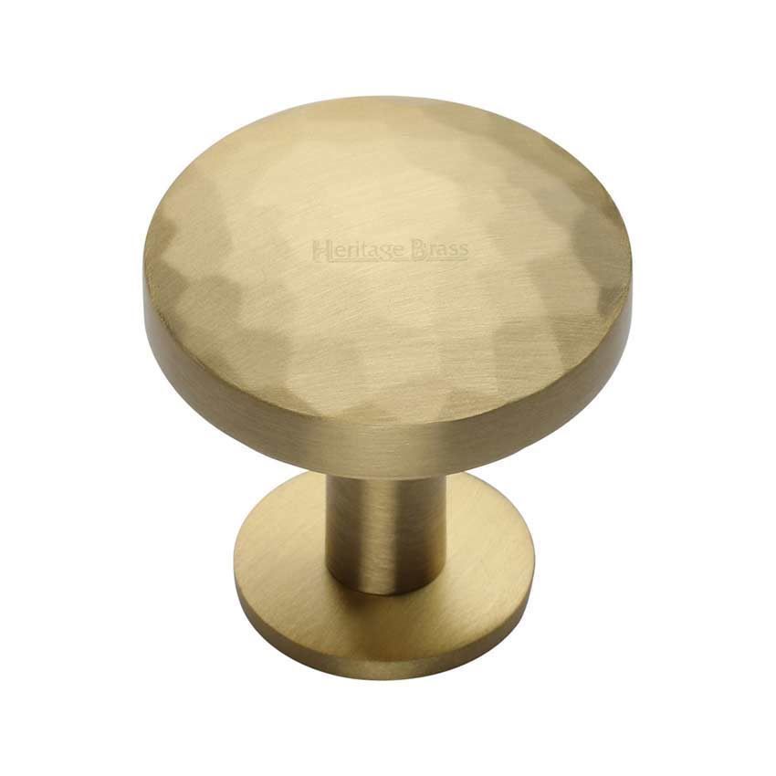 Hammered Cabinet Knob in a Satin Brass Finish on a Rose - C3876-SB