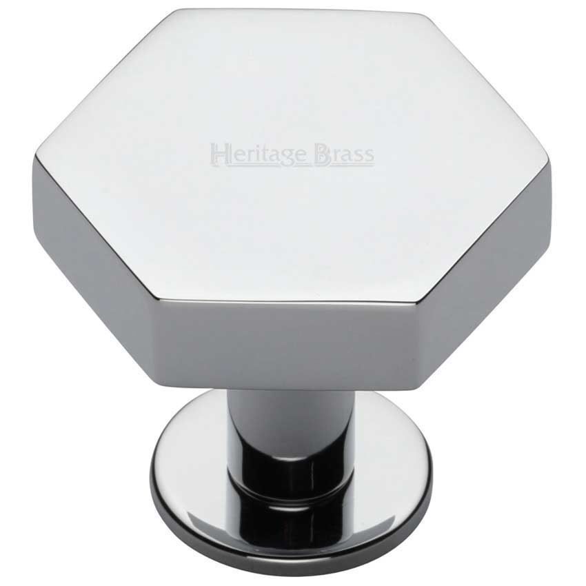 Hexagon Cabinet Knob on a Rose in a Polished Chrome Finish - C4345-PC