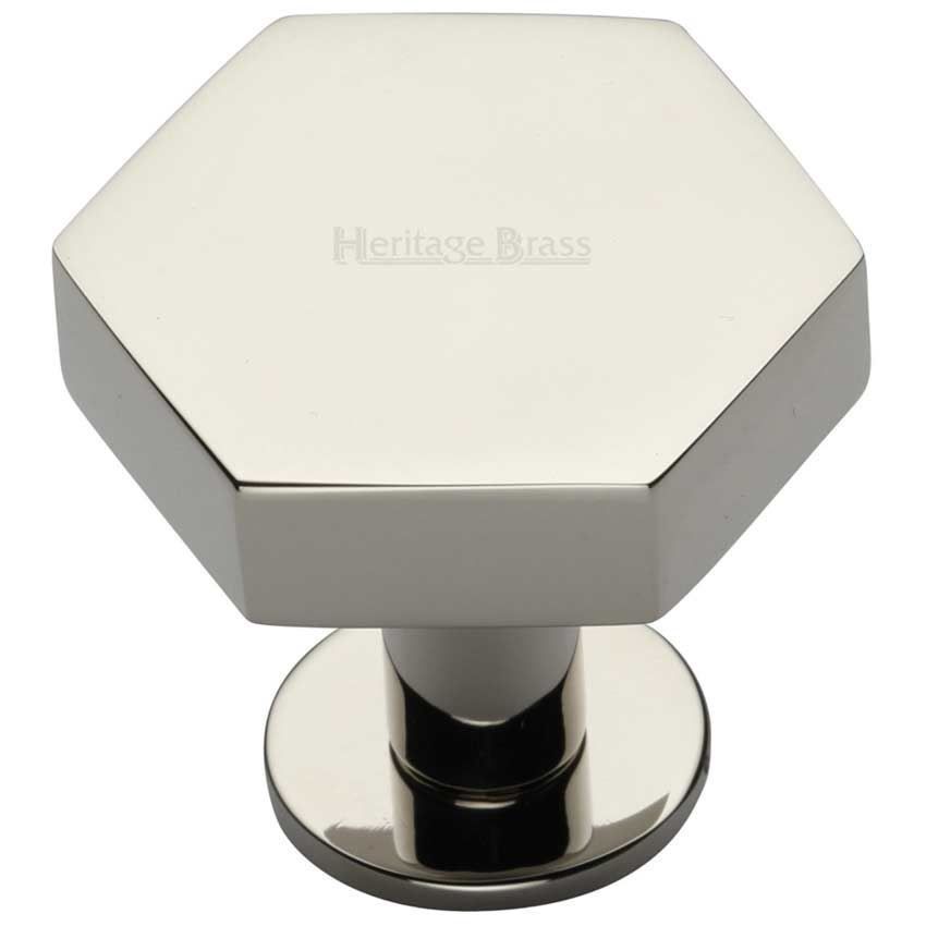Hexagon Cabinet Knob on a Rose in a Polished Nickel Finish - C4345-PNF 