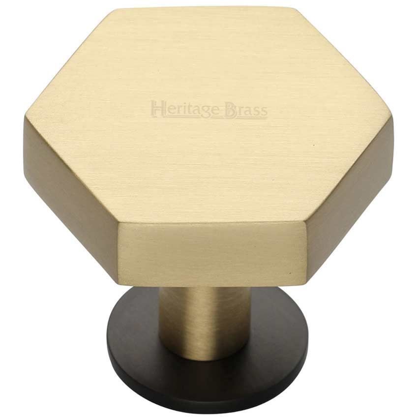 Hexagon Cabinet Knob on a Rose in a Matt Bronze/Satin Brass Finish - C4345-BSB 