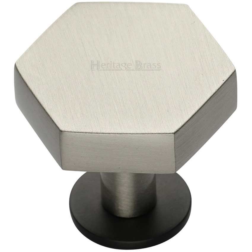 Hexagon Cabinet Knob on a Rose in a Matt Bronze/Satin Nickel Finish - C4345-BSN