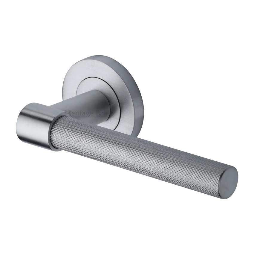 Phoenix Knurled Door Handle on Round Rose in Satin chrome - RS2018-SC 