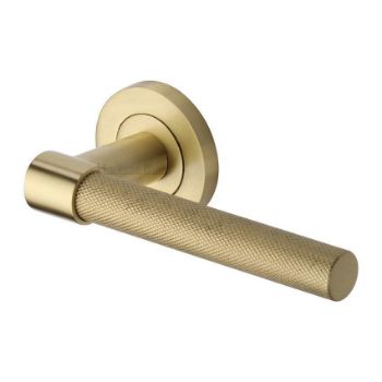 Phoenix Knurled Door Handle on Round Rose in Satin Brass - RS2018-SB  Phoenix Knurled Door Handle on Round Rose in Satin Brass - RS2018-SB