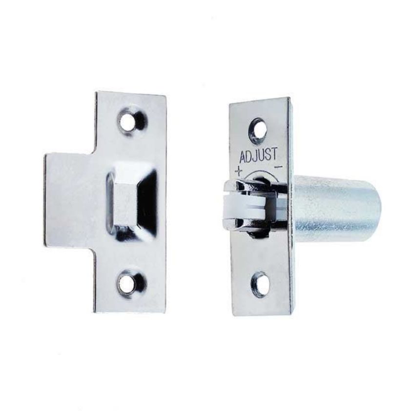 Jedo Adjustable Roller bolt Catch in a Polished Chrome Finish - Brass Roller - J8075PC