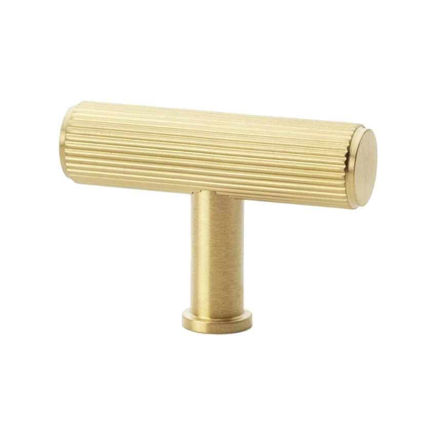 Reeded T-bar Cupboard Knob in Satin Brass - AW801R-55-SB