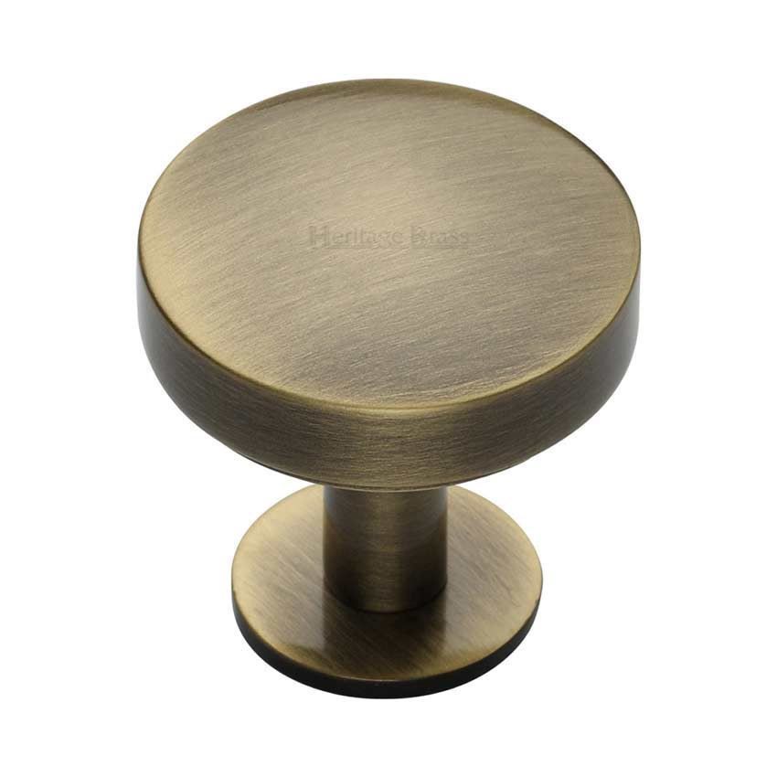 Domed Disc Cabinet Knob with Rose in Antique Brass - C3878-AT 