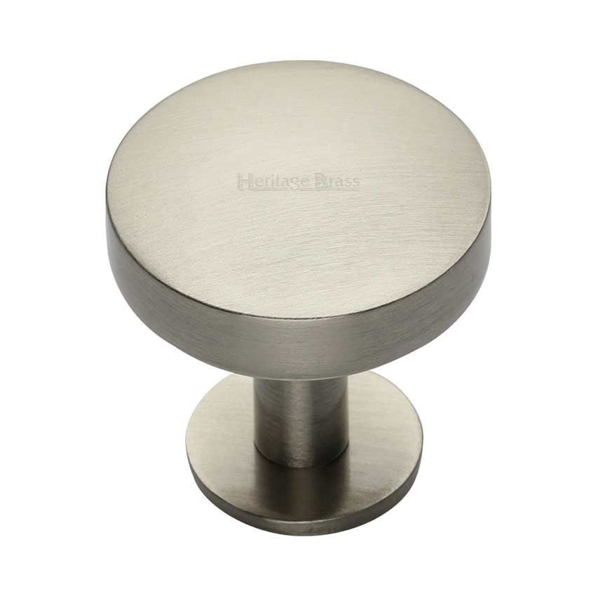 Domed Disc Cabinet Knob with Rose in Satin Nickel - C3878-SN