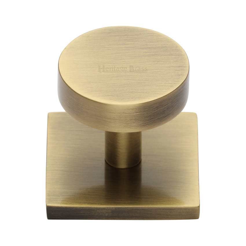 Disc Cabinet Knob With Square Backplate in Antique Brass - SQ3880-AT 