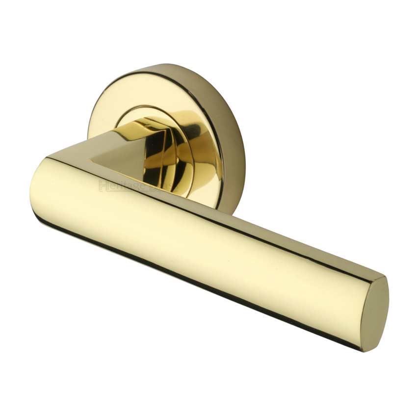 Poseidon Door Handle on Round Rose in Polished Brass - V6230-PB