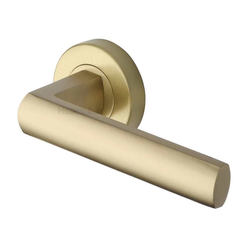 Poseidon Door Handle on Round Rose in Satin Brass - V6230-SB