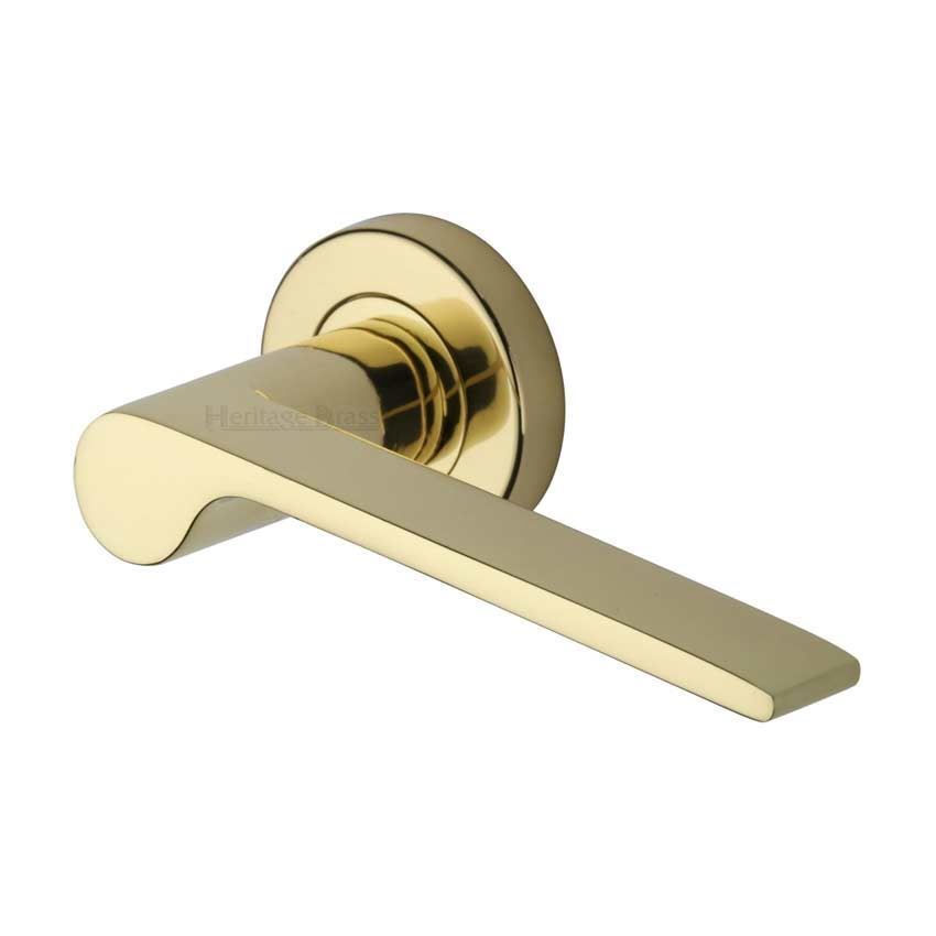 Julia Door Handle on Round Rose in Polished Brass - V4190-PB