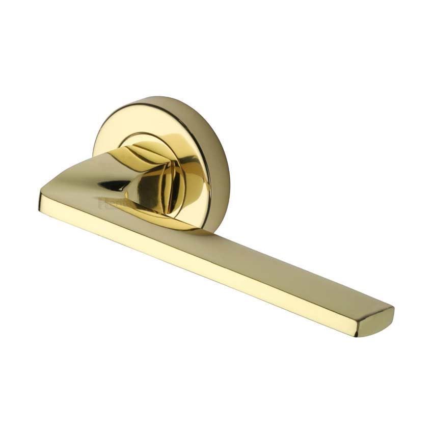 Metro Angled Door Handle on Round Rose in Polished Brass - V3790-PB