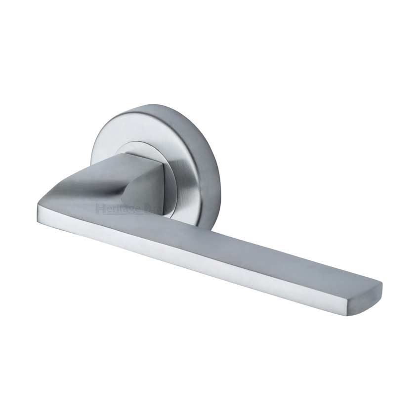 Metro Angled Door Handle on Round Rose in Satin Chrome - V3790-SC 