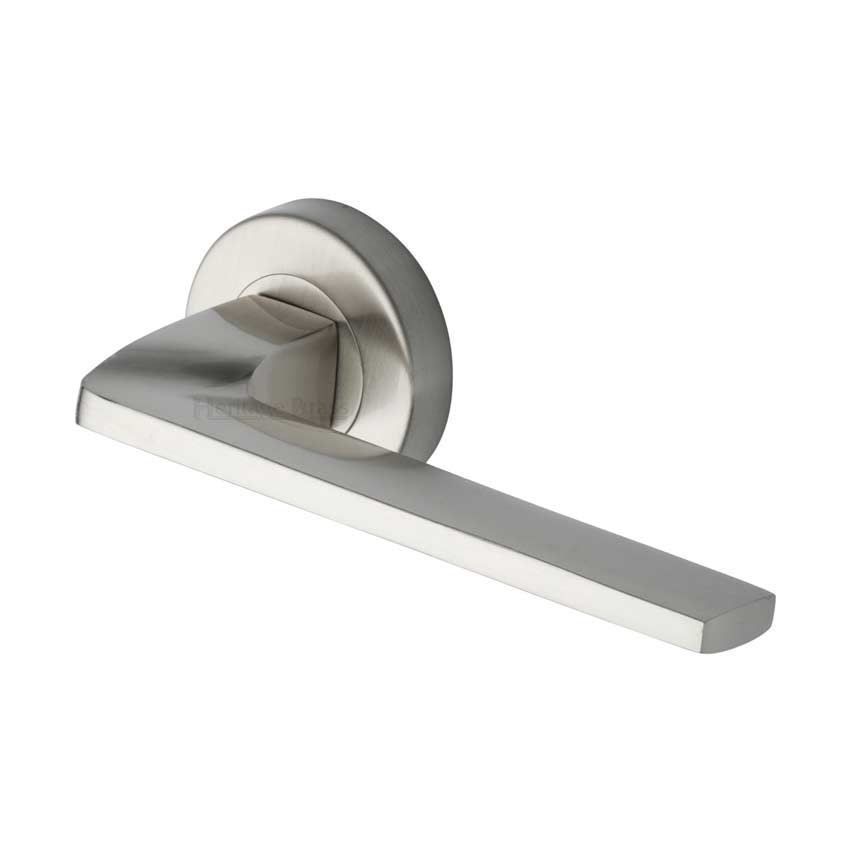 Metro Angled Door Handle on Round Rose in Satin Nickel - V3790-SN