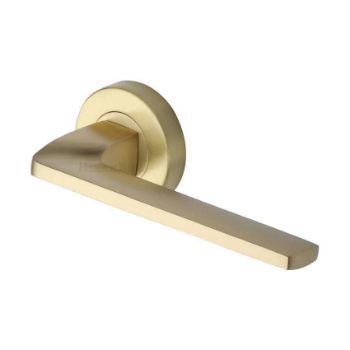 Metro Angled Door Handle on Round Rose in Satin Brass - V3790-SB Metro Angled Door Handle on Round Rose in Satin Brass - V3790-SB