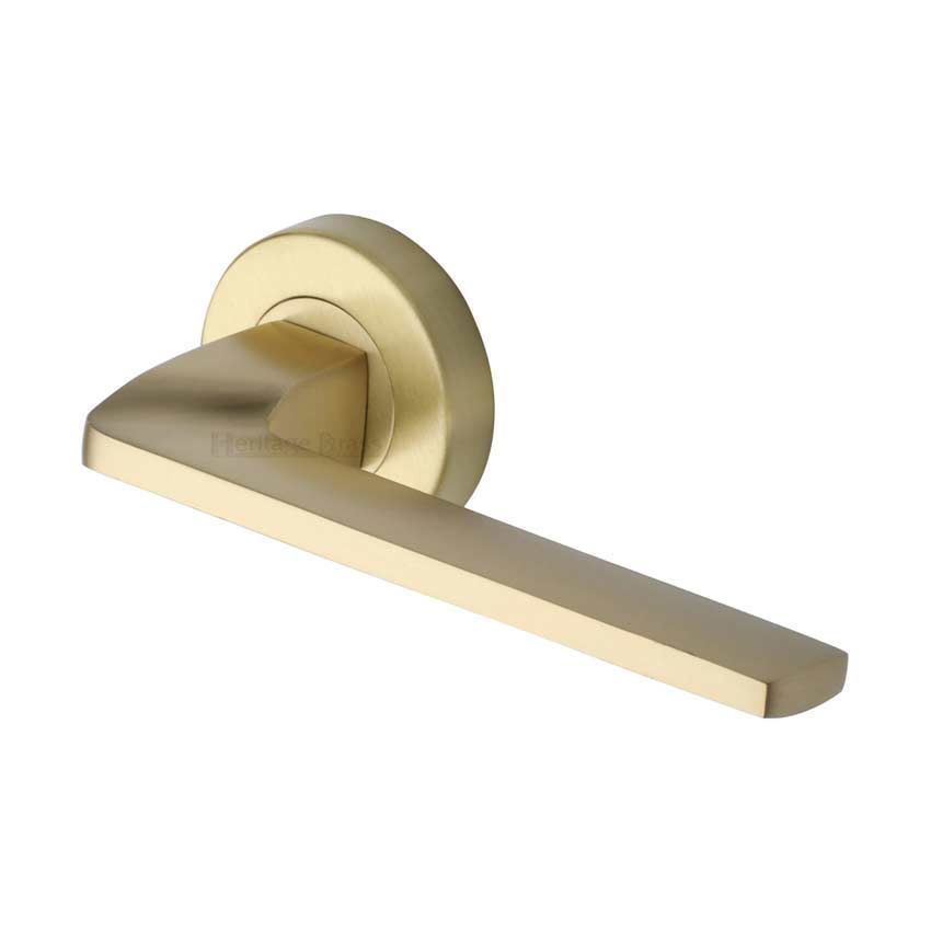 Metro Angled Door Handle on Round Rose in Satin Brass - V3790-SB