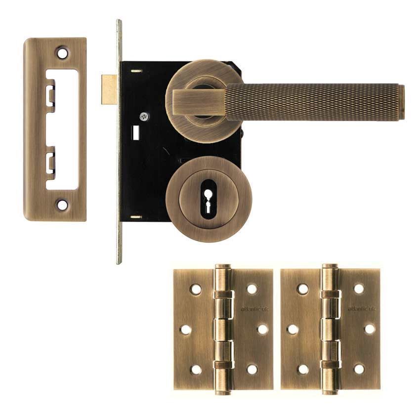 Alexander & Wilks Knurled Hurricane Locking Door Pack in Antique Brass - AW200ABLOCK