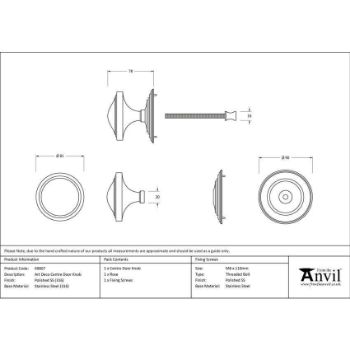 Polished Marine Stainless Steel (316) Art Deco Centre Door Knob - 49807 