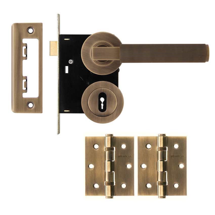 Alexander & Wilks Reeded Hurricane Locking Door Pack in Antique Brass - AW202ABLOCK 