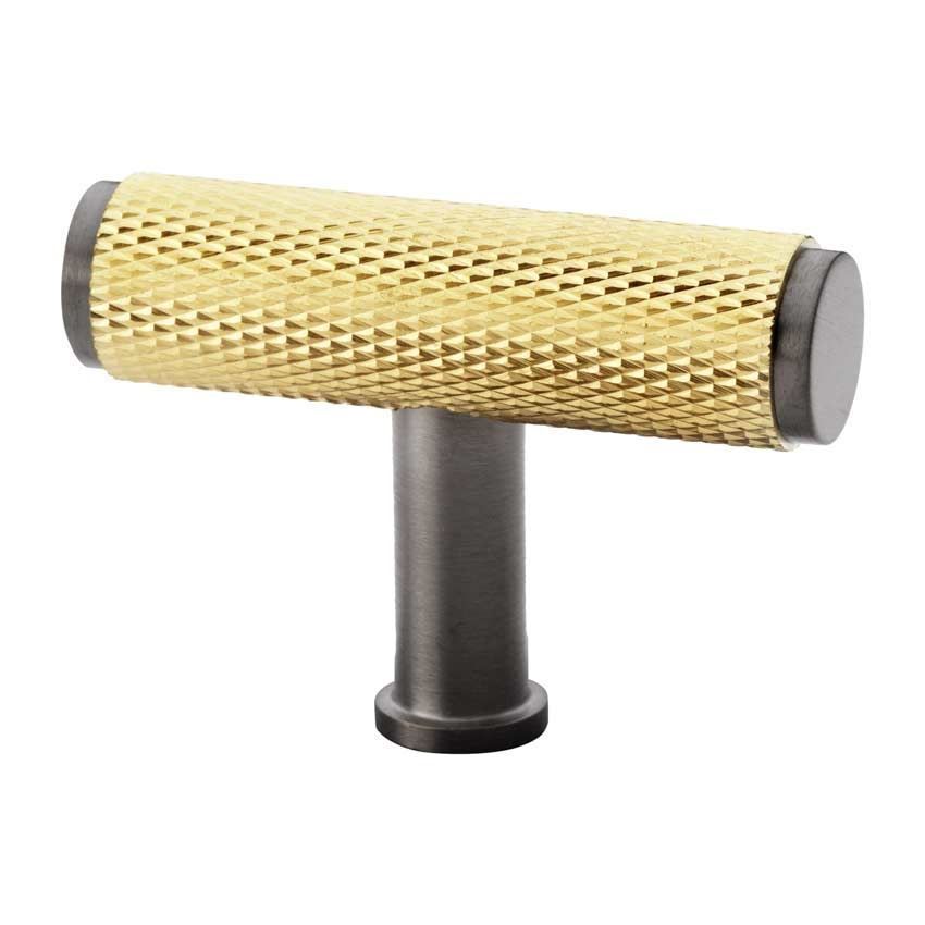 Alexander and Wilks Crispin Dual Finish Knurled T-bar Cupboard Knob - Satin Brass and PVD Dark Bronze Dual Finish