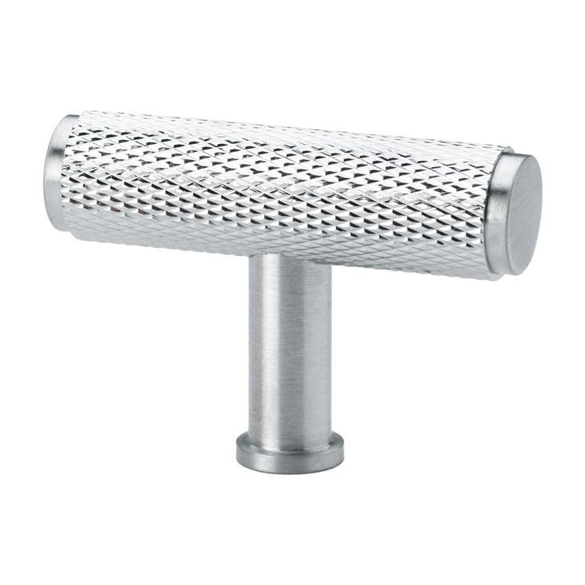 Alexander and Wilks Crispin Dual Finish Knurled T-bar Cupboard Knob - Polished and Satin Chrome Dual Finish