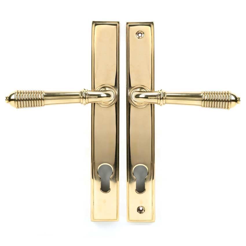 Reeded Slimline Sprung Lever Espag Lock Set - Polished Brass