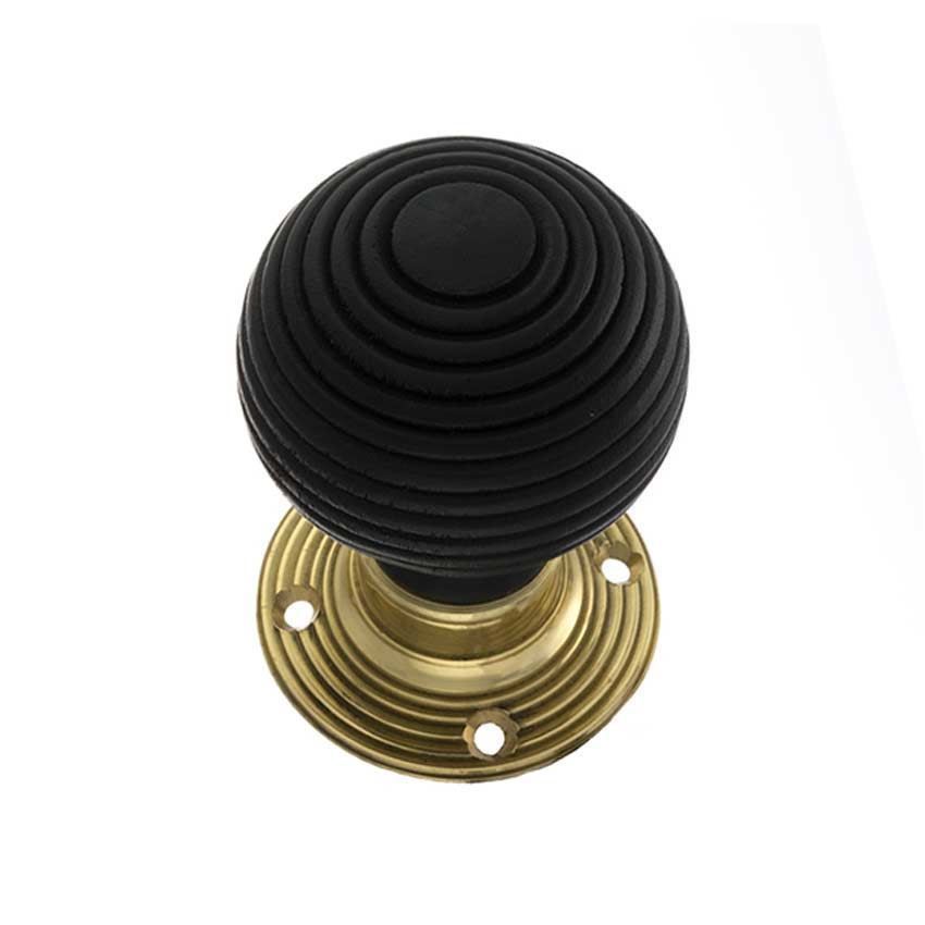 Old English Round Reeded Ebony Wood Mortice Knob With Polished Brass Rose - OE60RREMKPB