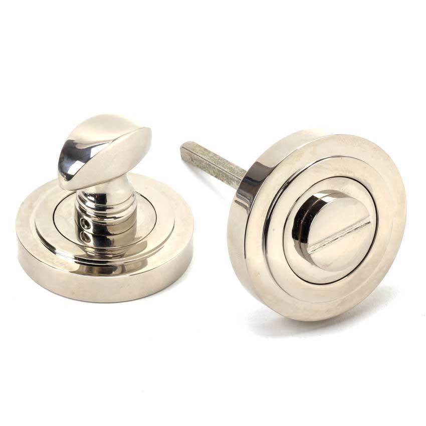 Polished Nickel Round Thumbturn on an Art Deco Round Rose - From the Anvil - 45739