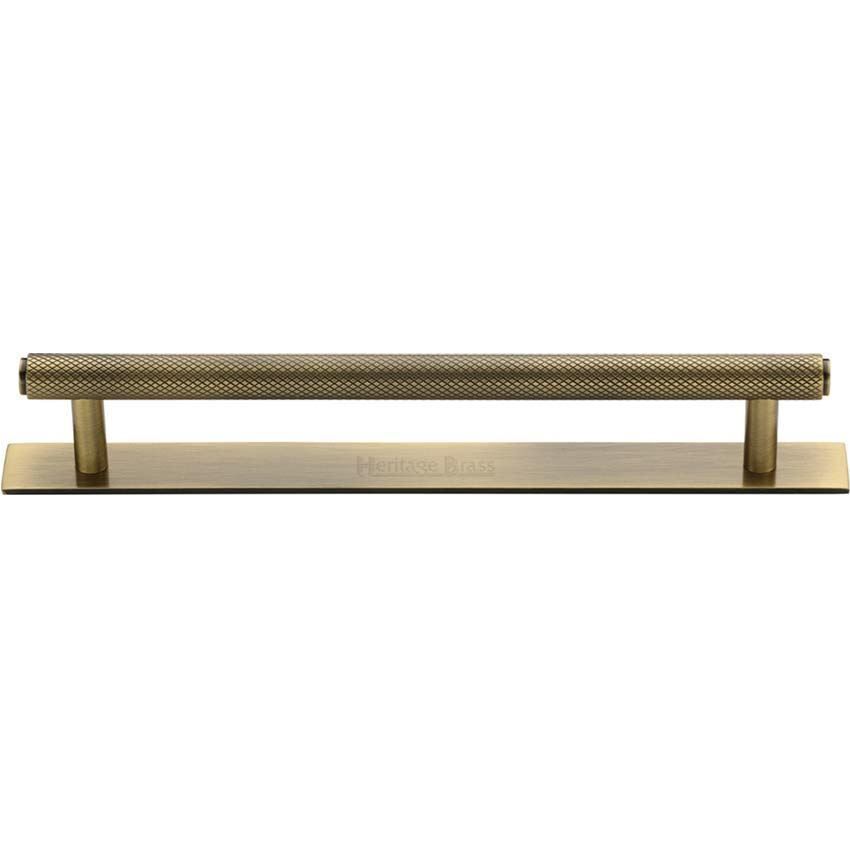 Knurled Cabinet Pull Handle on a Backplate in Antique Brass Finish - PL4458-AT