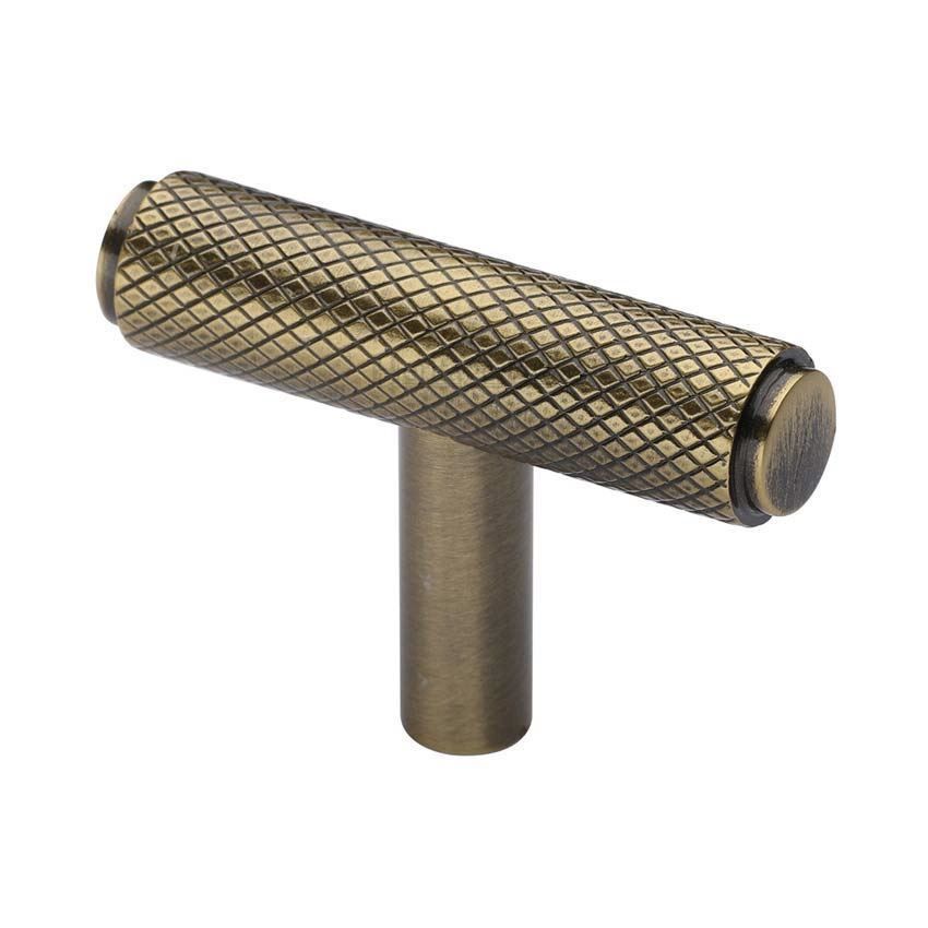 Knurled T-Bar Cabinet Knob in Antique Brass - C4415-AT