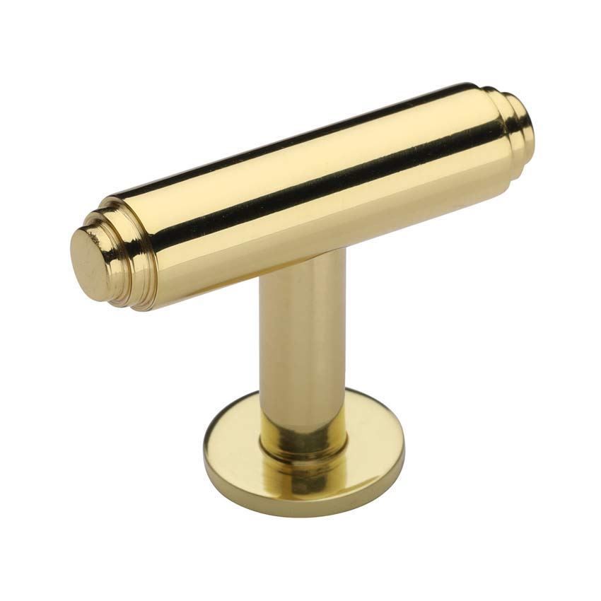 Stepped T-Bar Cabinet Knob on a Rose in Polished Brass - C4447-PB