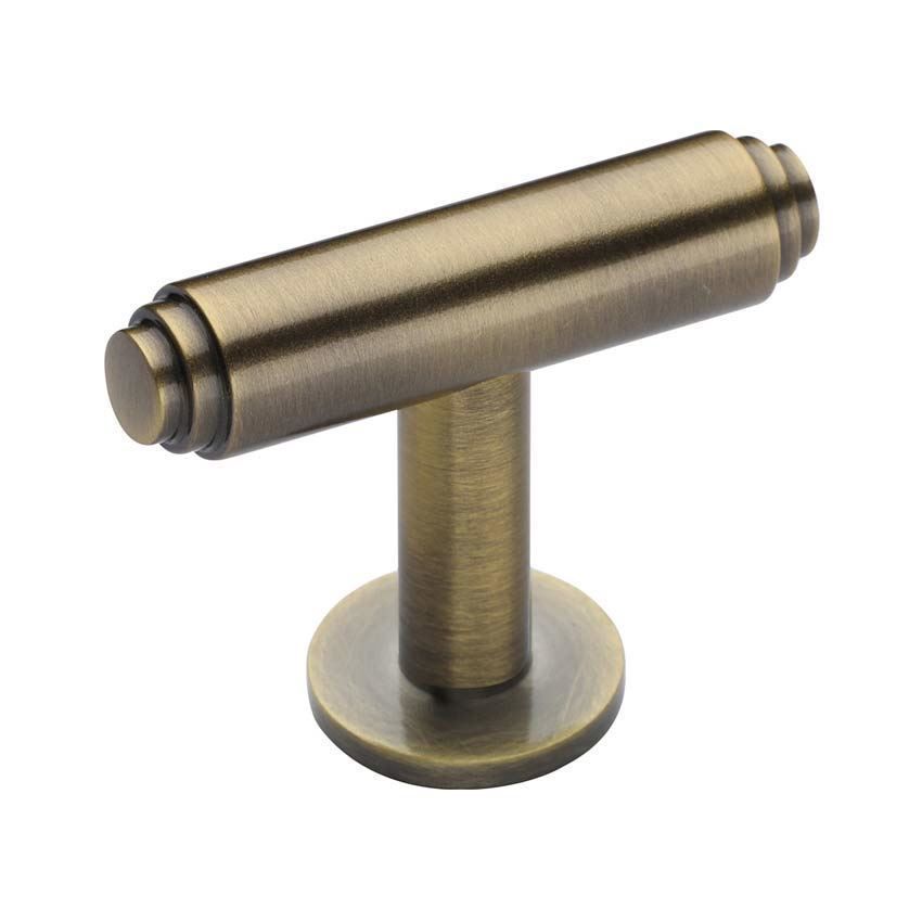 Stepped T-Bar Cabinet Knob on a Rose in Antique Brass - C4447-AT