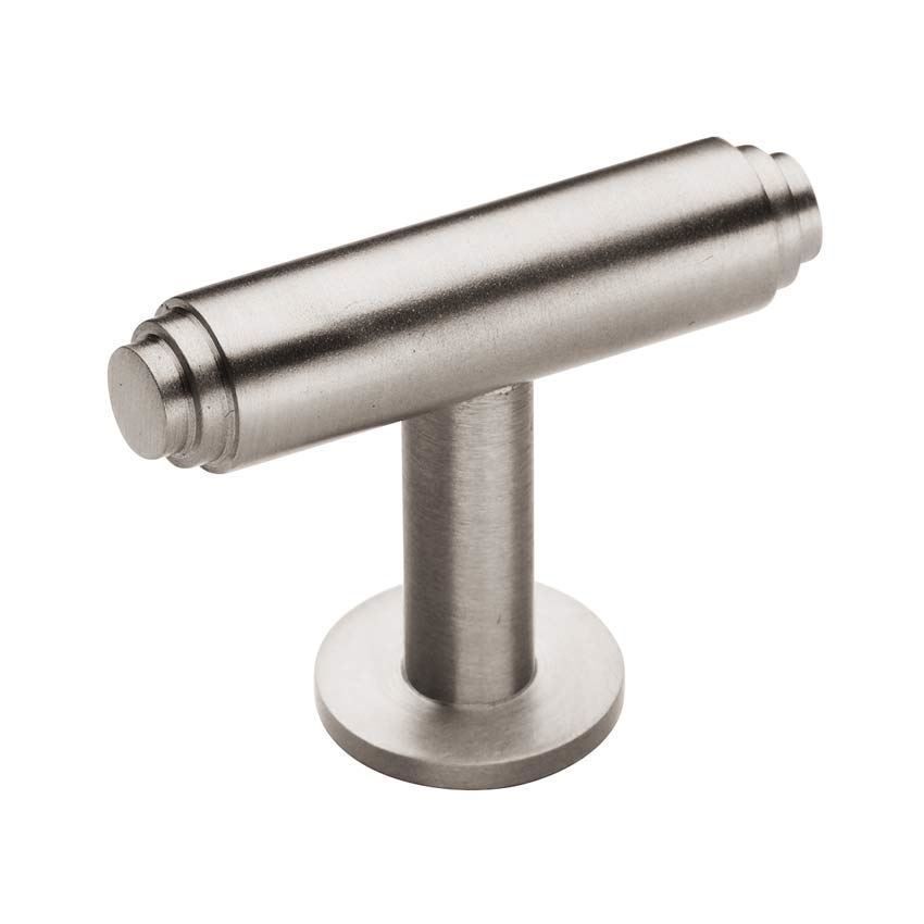 Stepped T-Bar Cabinet Knob on a Rose in Satin Nickel - C4447-SN