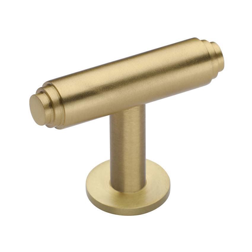 Stepped T-Bar Cabinet Knob on a Rose in Satin Brass - C4447-SB