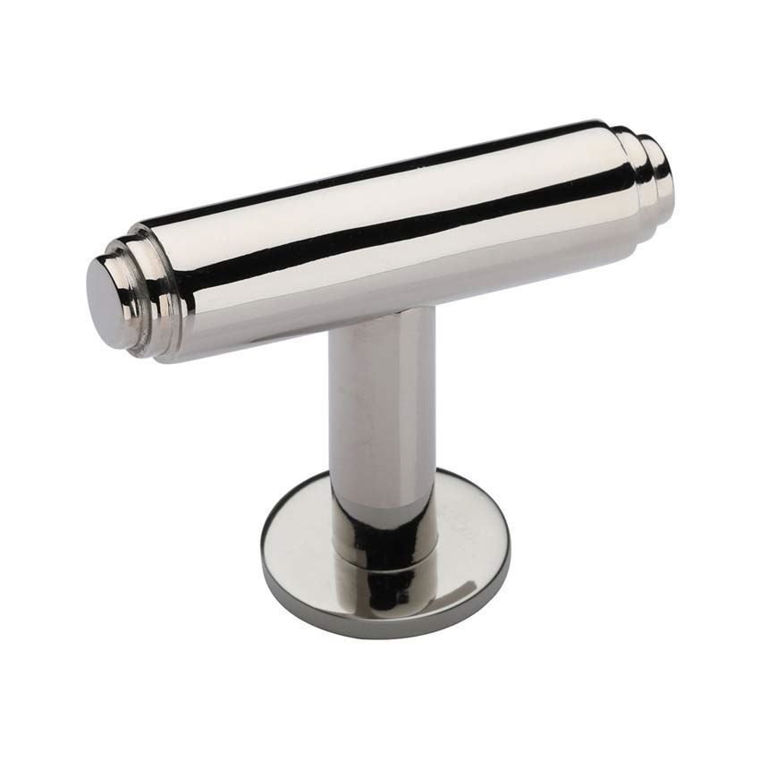 Stepped T-Bar Cabinet Knob on a Rose in Polished Nickel - C4447-PNF 